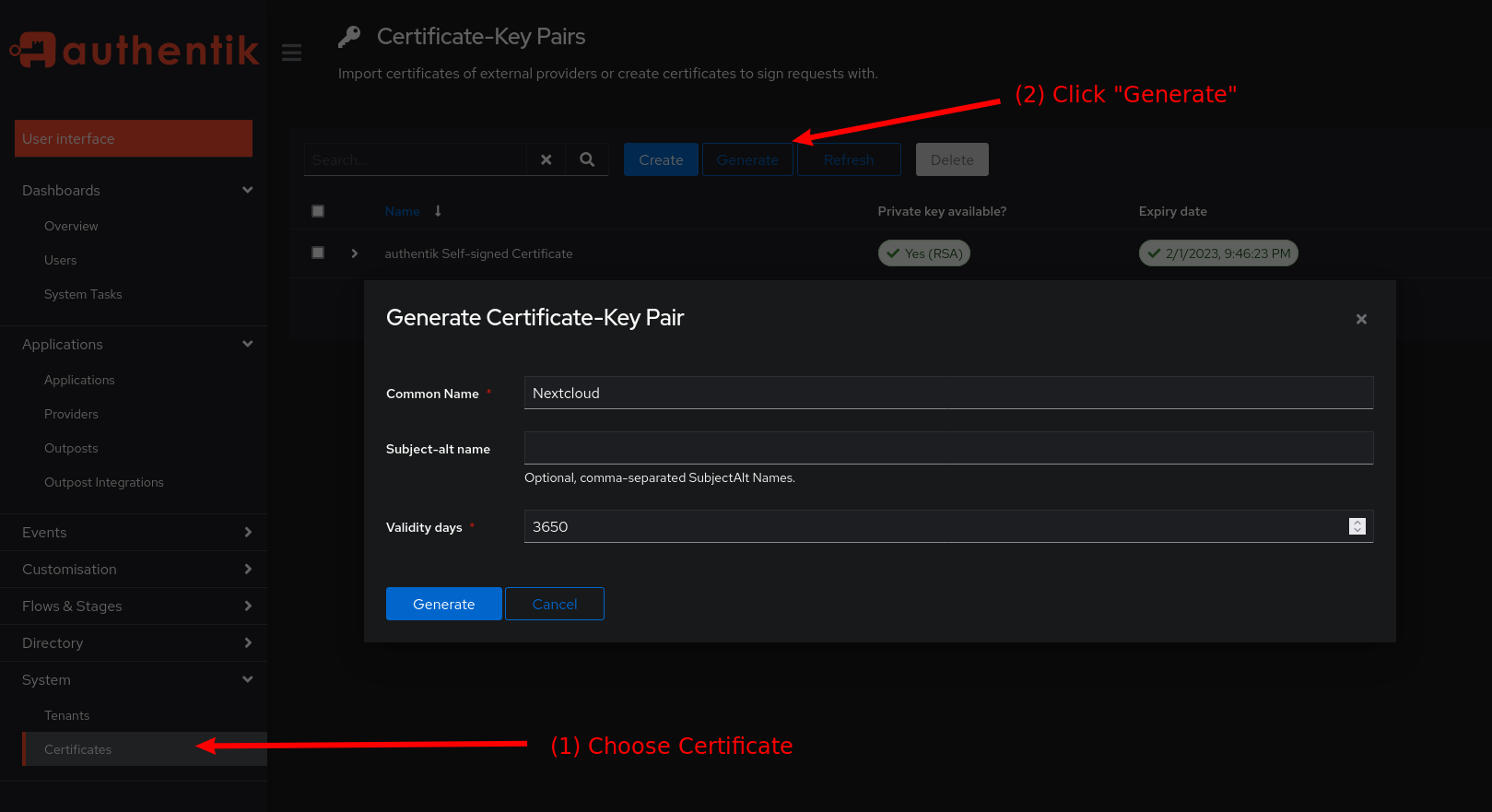 Generate a new certificate and private key