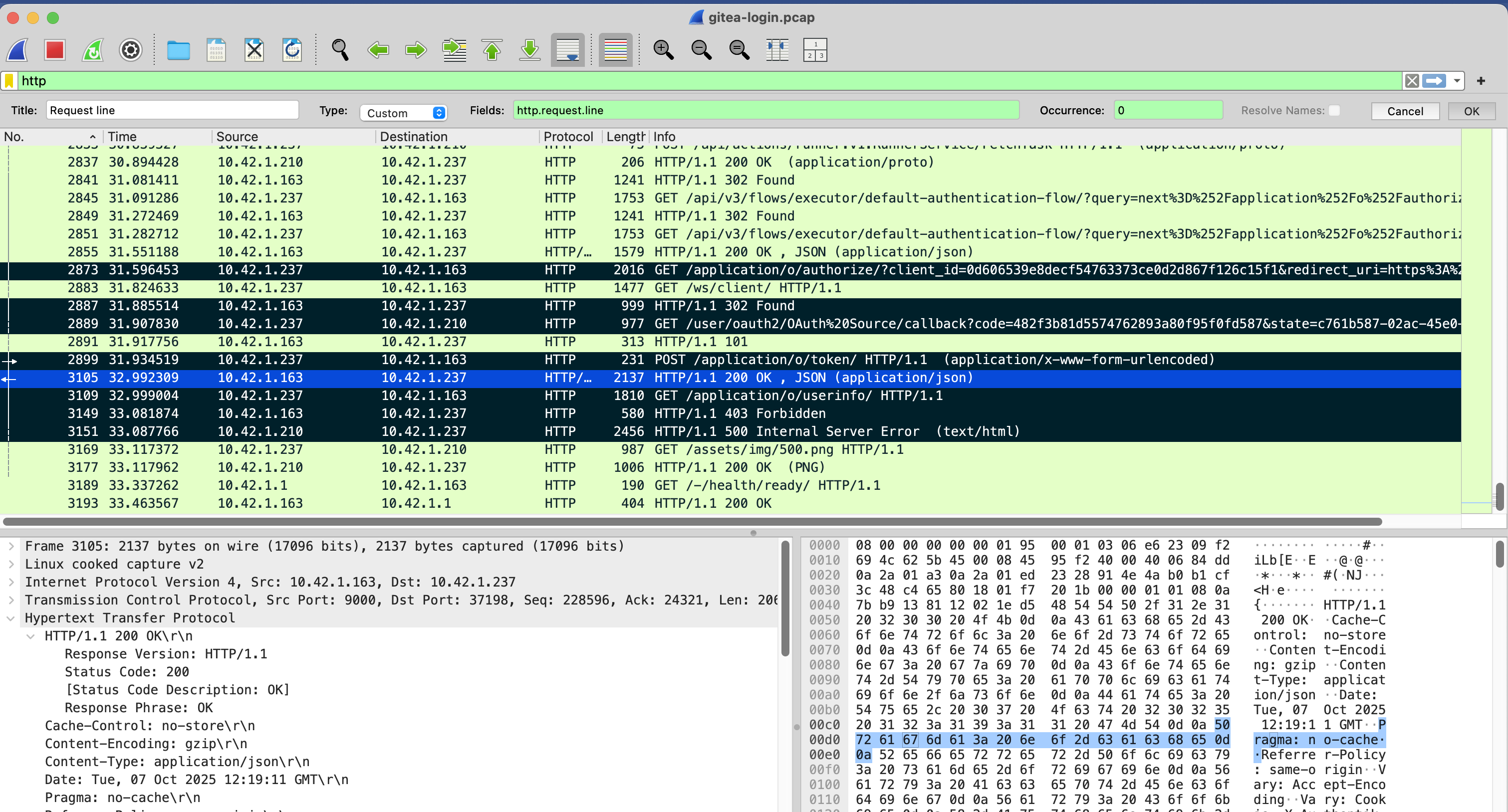 Wireshark screenshot showing analysis of tcpdump packet capture