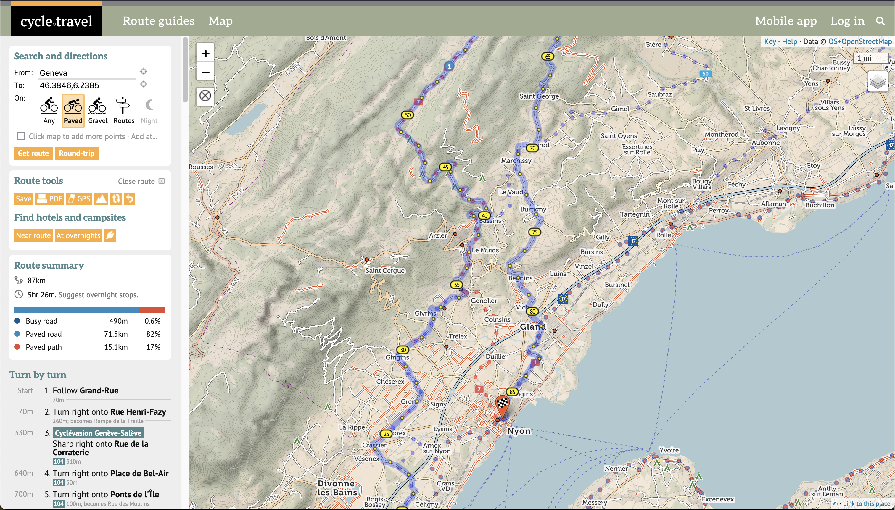 Screenshot of Cycle.Travel with advanced route planning features on the left