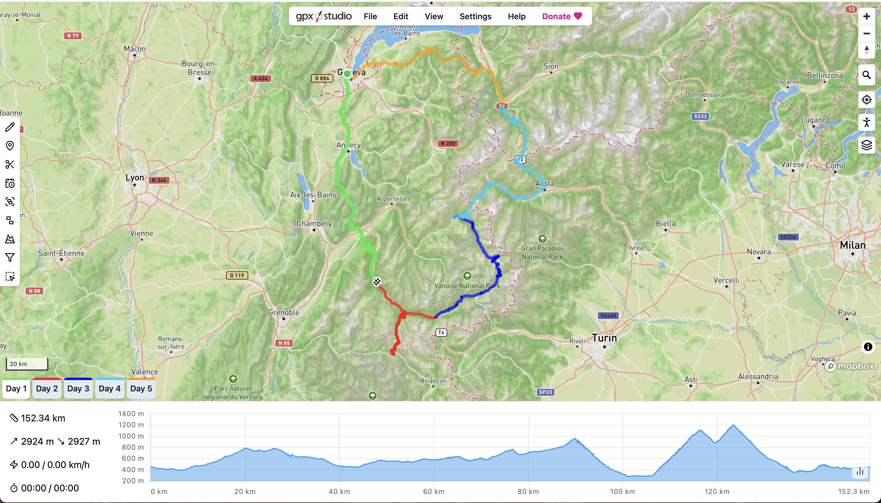 Screenshot of GPX.Studio showing a multi-day cycling route planned across the Alps, with different days shown as different colored lines