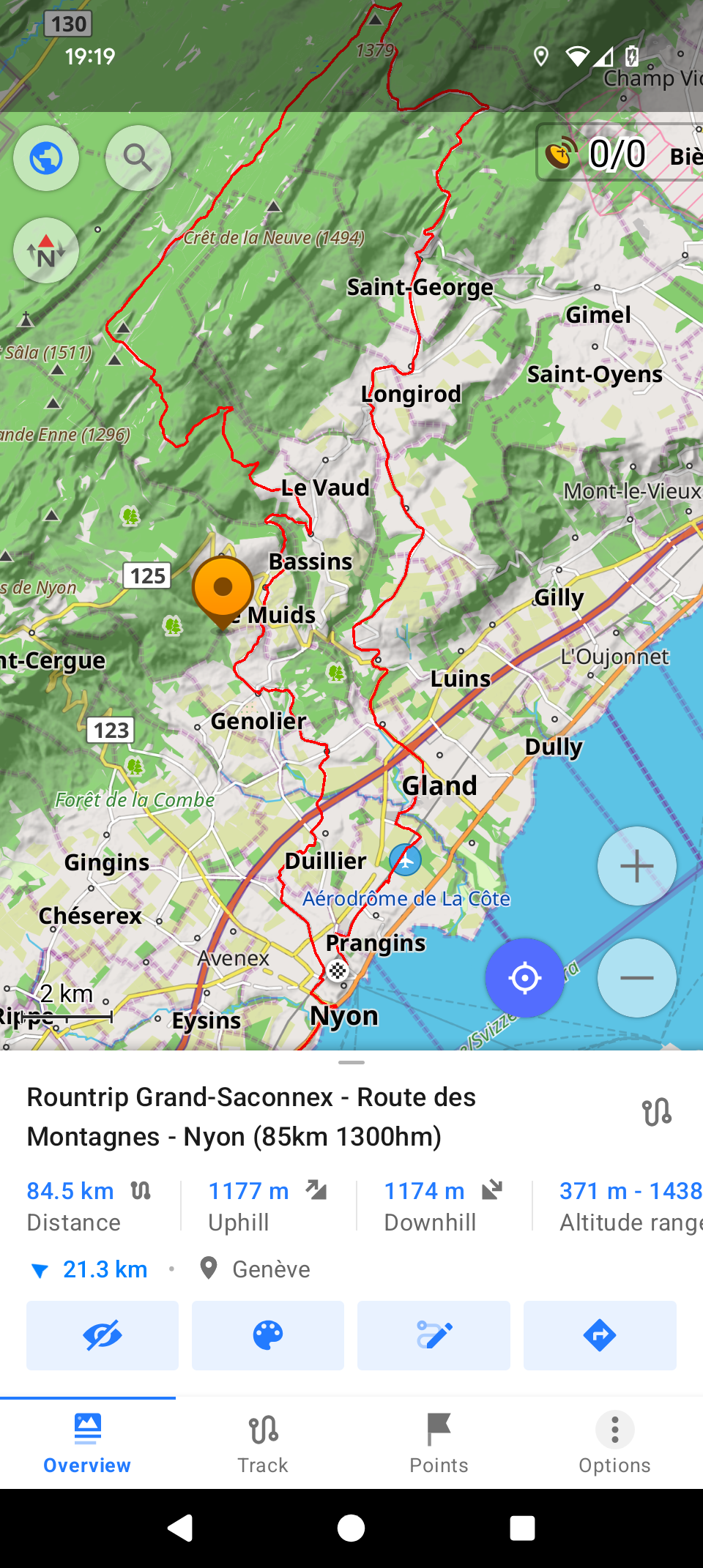 Screenshot of OsmAnd Android App with a planned route (red line)